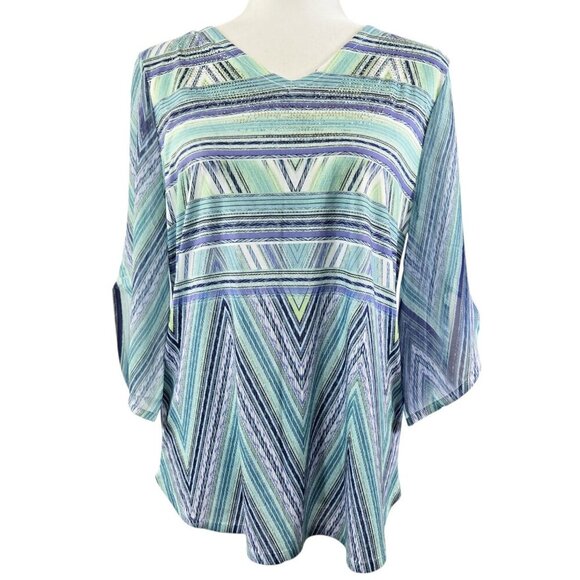 Chico's NWT Sasha Aqua Breeze Zigzag Chevron Beaded Top Beachy Boho - Picture 1 of 9